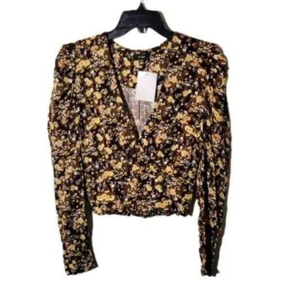 AFRM Women's Wrap-Front Top Fall Bouquet Floral Extra Small/XS NEW V-Neck Puff - Picture 2 of 7